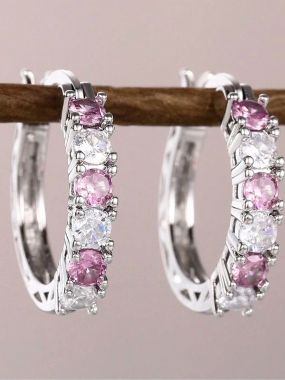 Sterling Silver Pink and CZ Hoop Earrings